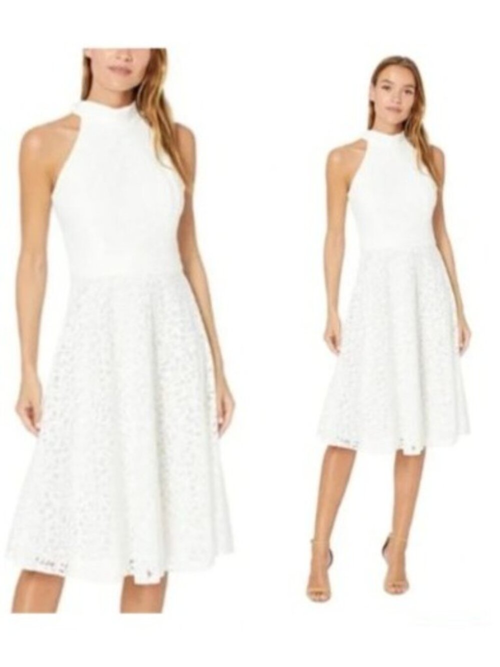 Tahari white eyelet Sleeveless Dress Womens Size 10 cotton mock neck tie new
